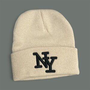 Beige Knit Beanie with NY Logo